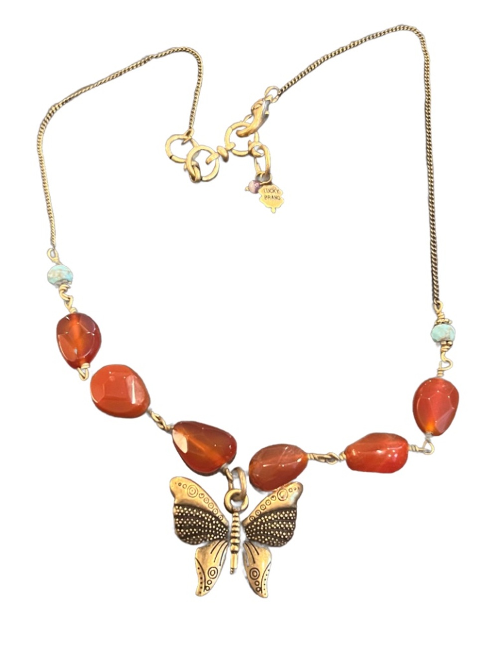 Lucky Brand Necklace, Boho Style, Butterfly Pendant, Carnelian Beads
